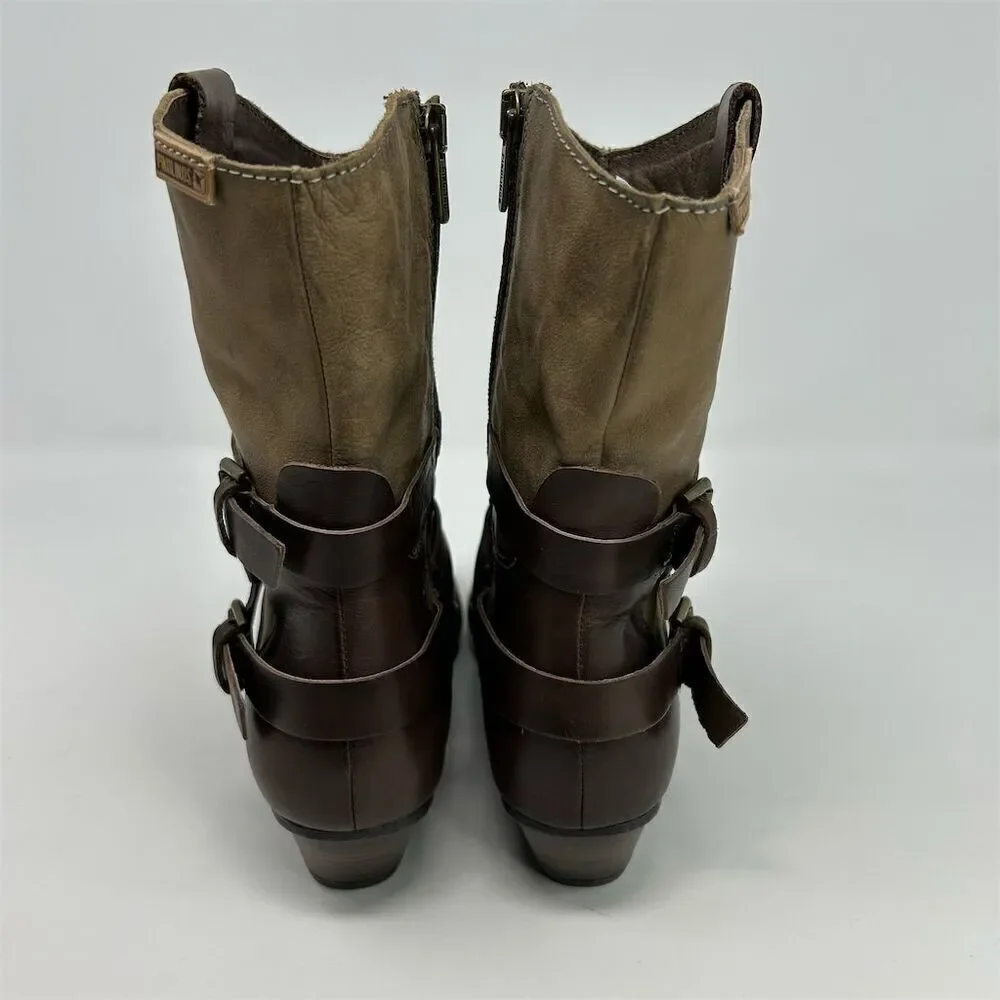 Pikolinos Women's Brown Leather Western Buckle Strap Heeled Ankle Boots Size 38